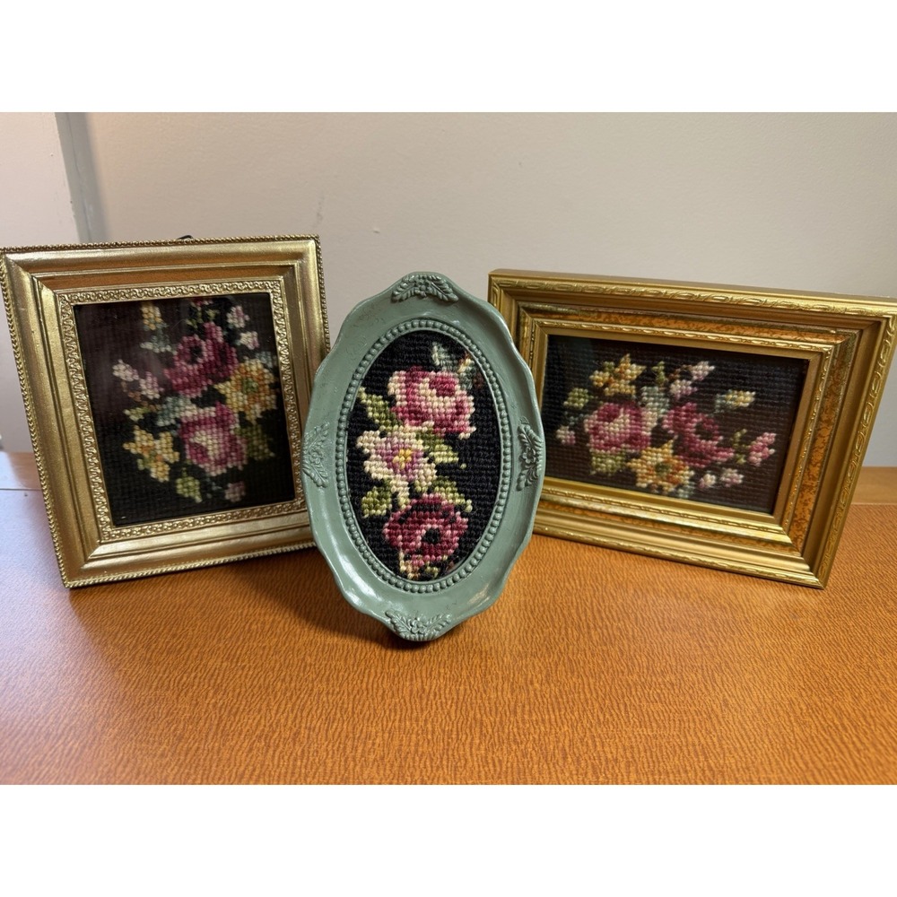 Vintage Needlepoint Floral Set Of 3 Small Framed Embroidered Cottagecore
